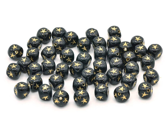 Cube Square Beads with Star 7 mm, Black Gold Lined (23980-54202)