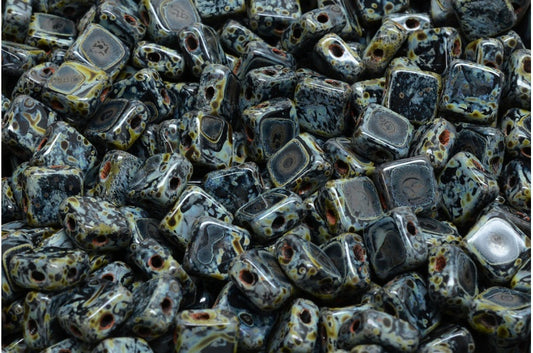 フラットシルキービーズ - 2穴、ブラックトラバーチン（23980-86800）、ガラス、チェコ共和国