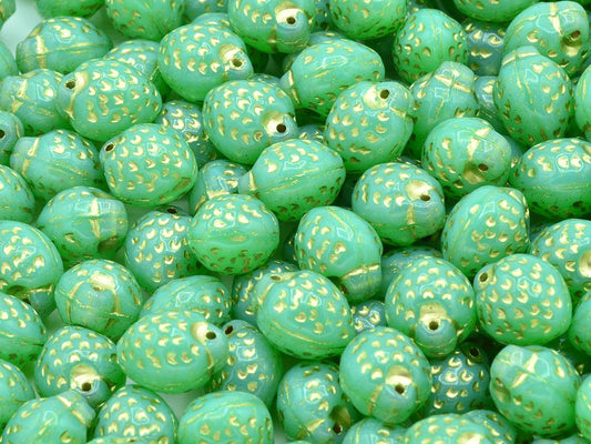 Pressed Beads Strawberry 7 x 11 mm, Opal Green Gold Lined (51010-54202), Bohemia Crystal Glass, Czechia 11164203