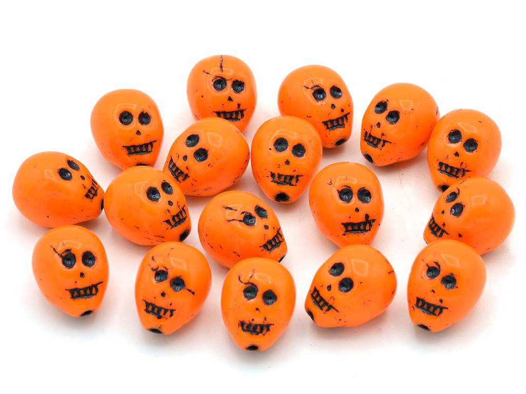 Skull Head Beads 15 mm, Opaque Orange 46449 (93130-46449), Bohemia Crystal Glass, Czechia 11109052