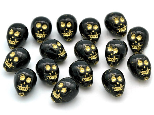 Skull Head Beads 15 mm, Black Gold Lined (23980-54202), Bohemia Crystal Glass, Czechia 11109052