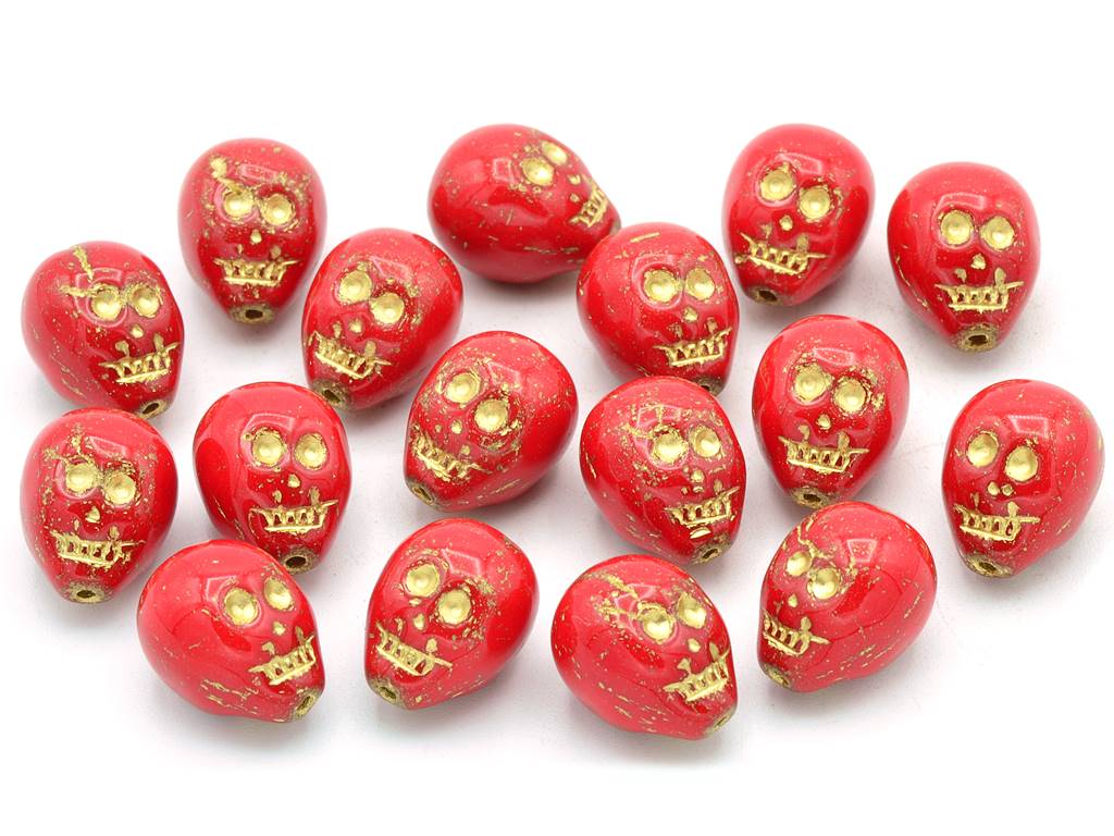 Skull Head Beads 15 mm, Opaque Red Gold Lined (93200-54202), Bohemia Crystal Glass, Czechia 11109052