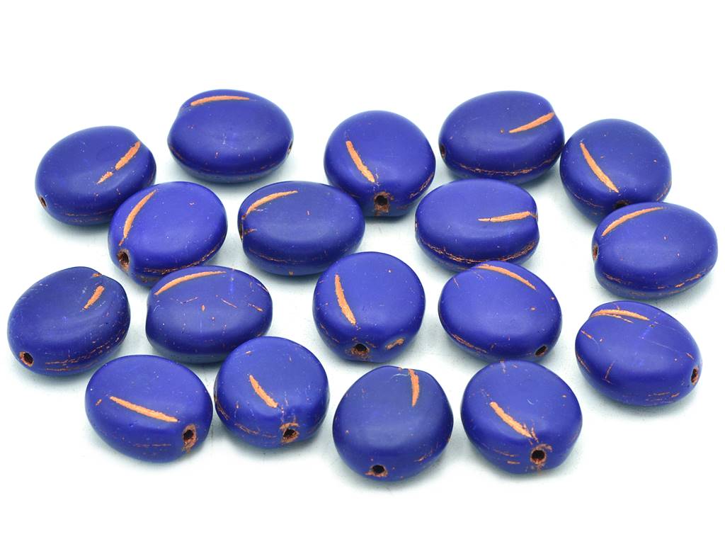 Plum Pressed Beads 13 x 11 mm, Opaque Blue Matte Copper Lined (33070-84110-54307-), Bohemia Crystal Glass, Czechia 11130257