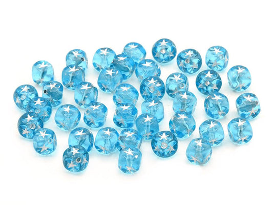 Cube Square Beads with Star 7 mm, Transparent Aqua Silver Lined (60010-54201)