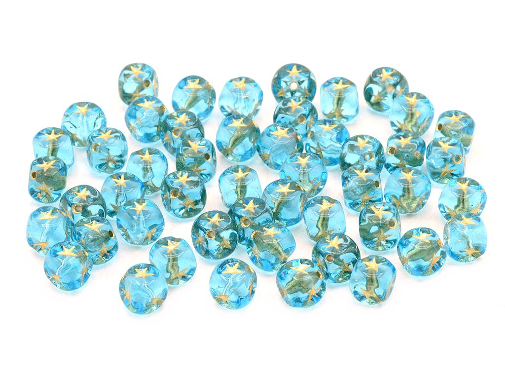 Cube Square Beads with Star 7 mm, Transparent Aqua Gold Lined (60010-54202), Bohemia Crystal Glass, Czechia 11100048