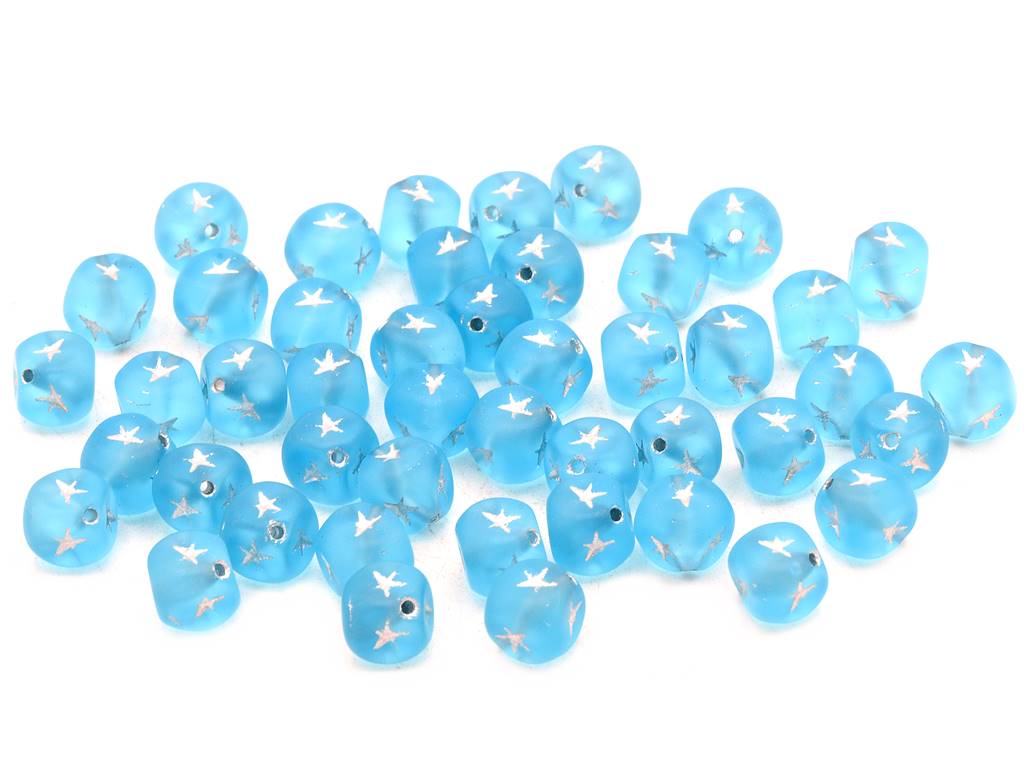 Cube Square Beads with Star 7 mm, Transparent Aqua Matte Silver Lined (60010-84110-54201)