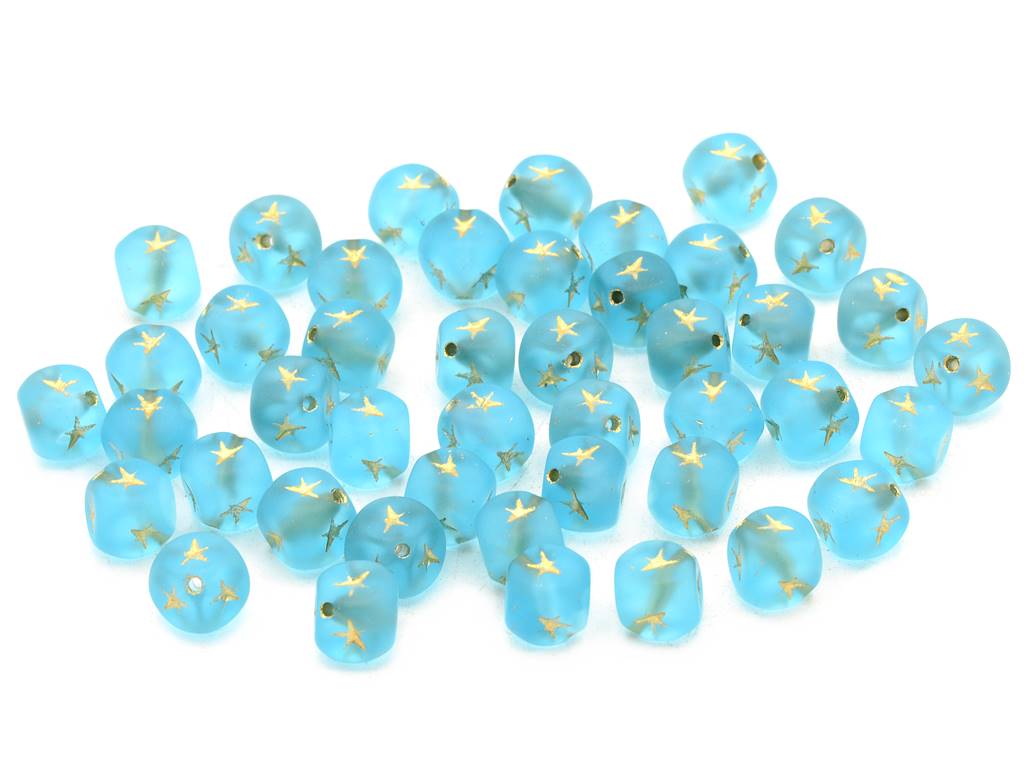Cube Square Beads with Star 7 mm, Transparent Aqua Matte Gold Lined (60010-84110-54202-), Bohemia Crystal Glass, Czechia 11100048