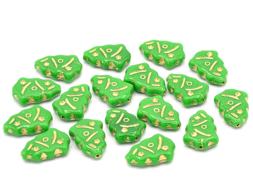 Pressed Beads Christams Tree 17 x 11 mm, Opaque Green Gold Lined (53320-54202), Bohemia Crystal Glass, Czechia 11130444