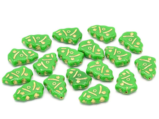 Pressed Beads Christams Tree 17 x 11 mm, Opaque Green Gold Lined (53320-54202), Bohemia Crystal Glass, Czechia 11130444