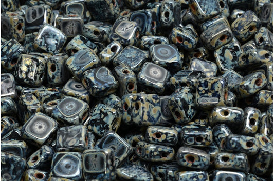 扁平丝质珠子 - 2 孔，黑色毕加索 (23980-43400)，玻璃，捷克共和国