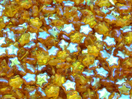 Flat Star Beads, Transparent Orange Ab (10080-28701), Glass, Czech Republic