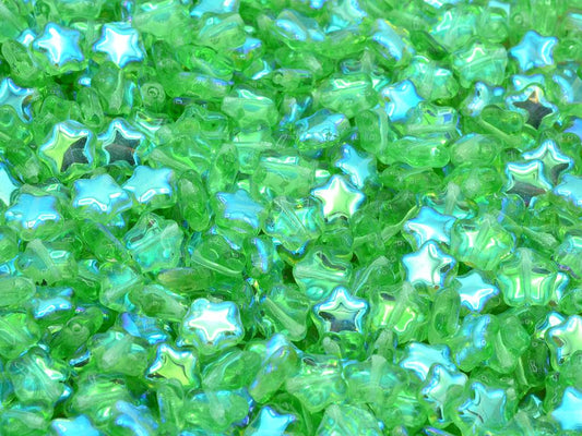 Flat Star Beads, Transparent Green Ab (50500-28701), Glass, Czech Republic