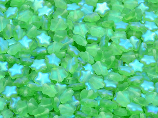 Flat Star Beads, Transparent Green Matte Ab (50500-84110-28701), Glass, Czech Republic