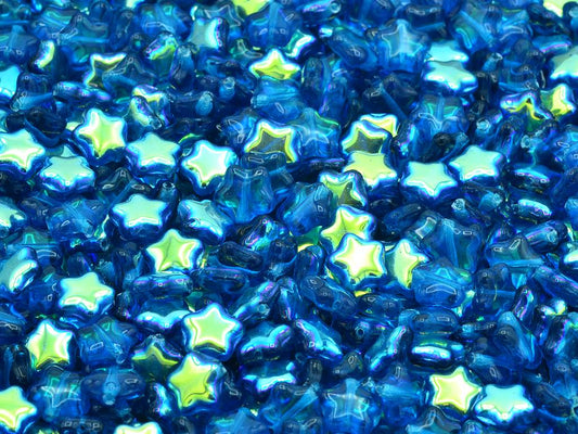 Flat Star Beads, Transparent Aqua Ab (60080-28701), Glass, Czech Republic