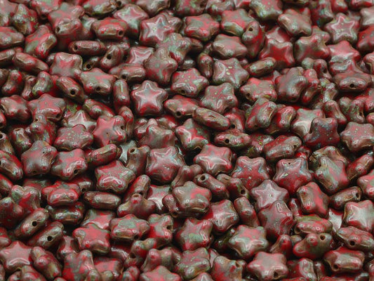 Flat Star Beads, Opaque Red Travertin (93200-86800), Glass, Czech Republic