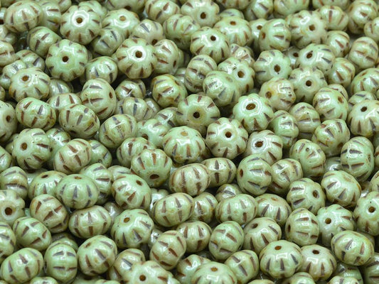 Pumpkin Beads, Chalk White Stain With Luster Green (03000-65455), Glass, Czech Republic