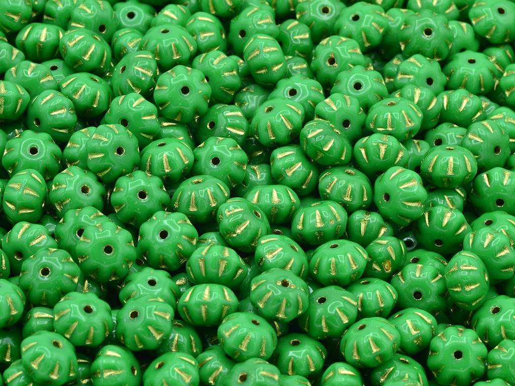 Pumpkin Beads, Opaque Green Gold Lined (53220-54202), Glass, Czech Republic