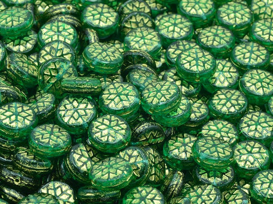 Snowflake Round Beads, Transparent Green Emerald Gold Lined (50720-54202), Glass, Czech Republic