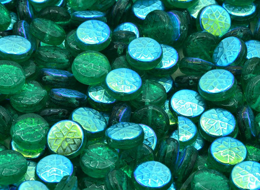 Snowflake Round Beads, Transparent Green Emerald Ab (50720-28701), Glass, Czech Republic