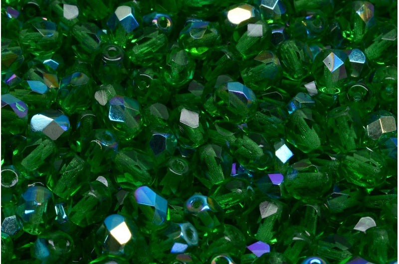 Fire Polished Faceted Beads Round, Emerald Green Ab (50120-28701), Bohemia Crystal Glass, Czech Republic