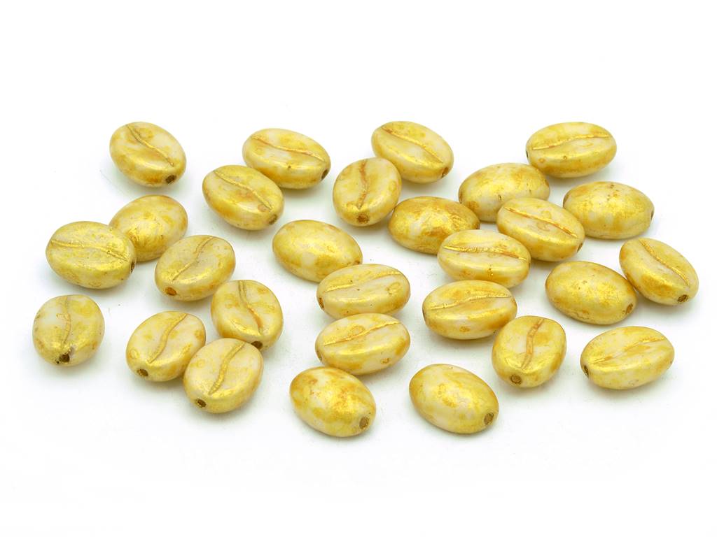 Coffee Bean Beads, Chalk White Gold Luster Spotted (03000-65322), Glass, Czech Republic