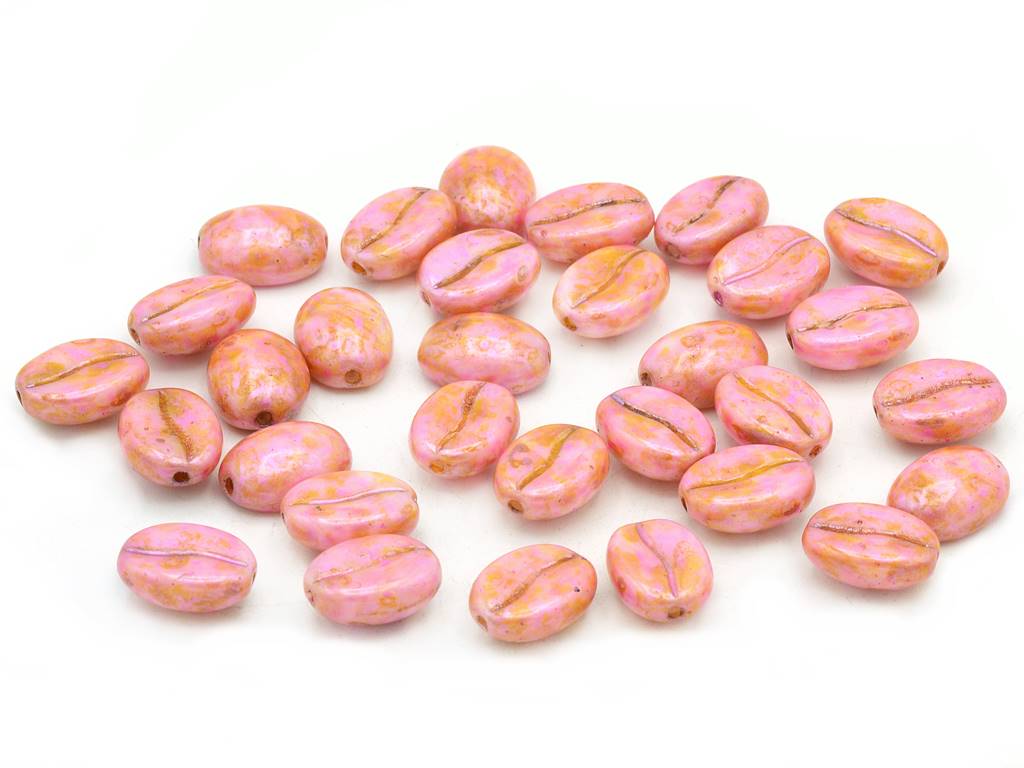 Coffee Bean Beads, Chalk White Pink Beige Luster Spotted (03000-65323), Glass, Czech Republic