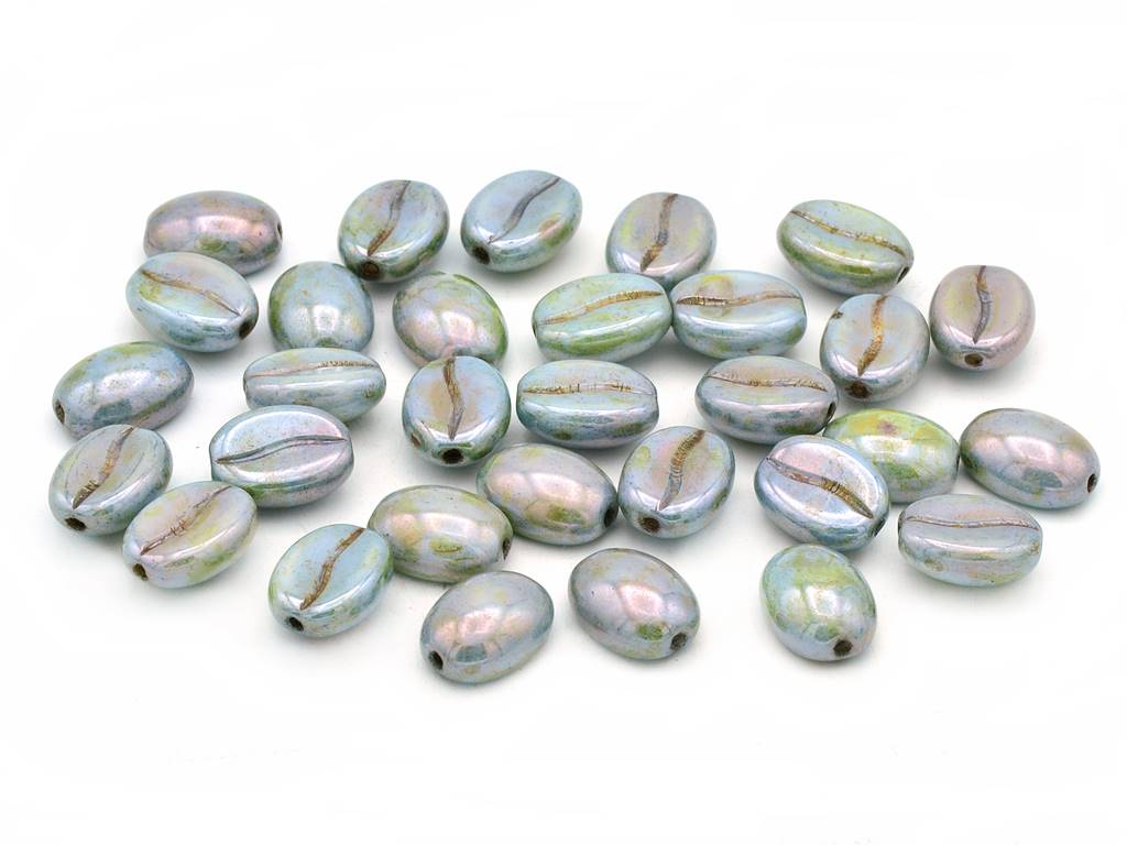 Coffee Bean Beads, Chalk White Stain With Luster Blue (03000-65431), Glass, Czech Republic