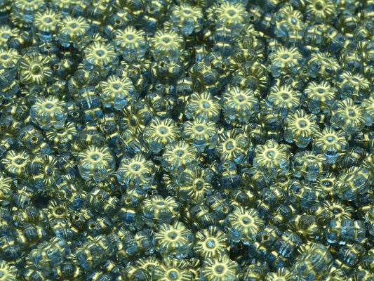 Flower Beads, Transparent Blue Gold Lined (30020-54202), Glass, Czech Republic