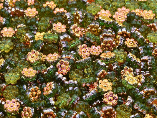 Flower Beads, Transparent Green 28009 (50400-28009), Glass, Czech Republic