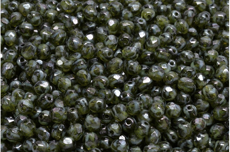 Fire Polished Faceted Beads Round, Olive Green Terracotta Blue (06508-15464), Bohemia Crystal Glass, Czech Republic