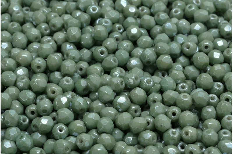 Fire Polish Faceted Round Beads 3mm, Chalk White Luster Green Full Coated (03000-14459), Glass, Czech Republic
