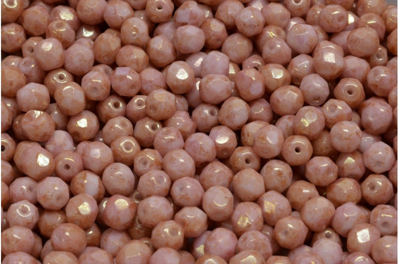 ファセット加工ビーズ ラウンド、チョークホワイトラスターレッドフルコーティング（03000-14495）、ボヘミアクリスタルガラス、チェコ共和国