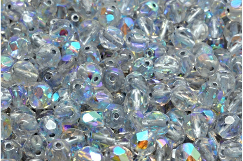Fire Polish Faceted Round Beads, Crystal 81800 Ab (00030-81800-28701), Glass, Czech Republic