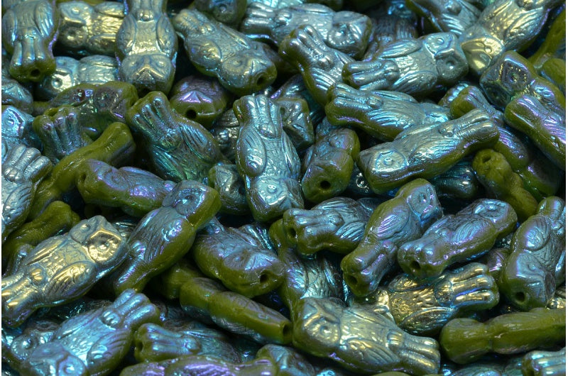 Owl Beads, Green Ab Full (2X Side) (53420-28703), Glass, Czech Republic
