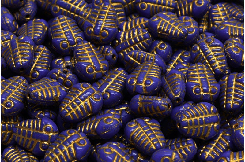 Trilobite Beads, Opaque Blue Gold Lined (33050-54302), Glass, Czech Republic