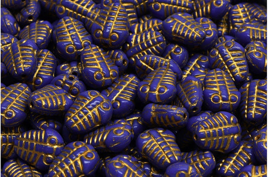 Trilobite Beads, Opaque Blue Gold Lined (33050-54302), Glass, Czech Republic