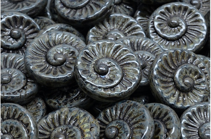 Fossil Shell Beads, Black Travertin (23980-86800), Glass, Czech Republic