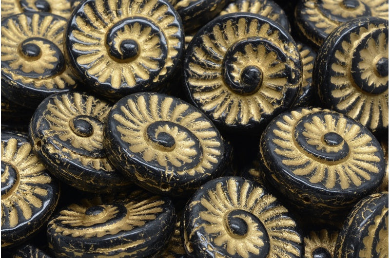 Fossil Shell Beads, Black Gold Lined (23980-54302), Glass, Czech Republic