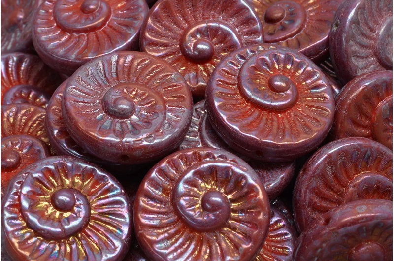 化石貝殻ビーズ、レッド・ネビュラ（93180-15001）、ガラス、チェコ共和国