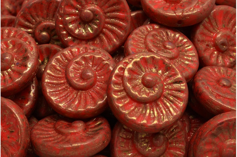 化石貝殻ビーズ、レッドテラコッタバイオレット（93180-15496）、ガラス、チェコ共和国