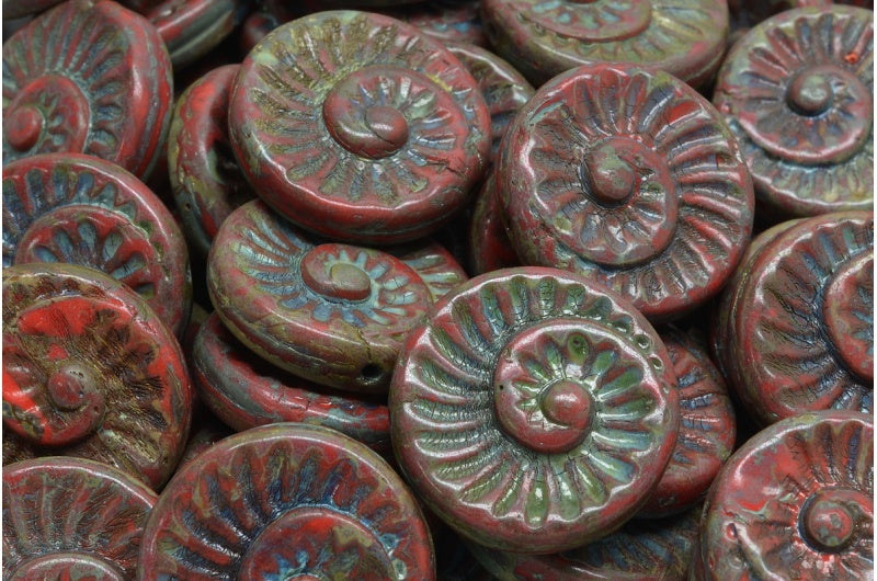 化石貝殻ビーズ、レッドトラバーチン（93180-86800）、ガラス、チェコ共和国