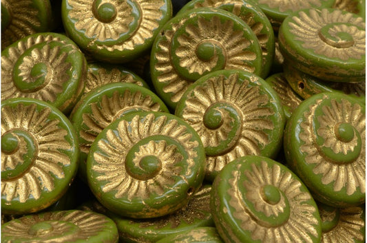 Fossil Shell Beads, Green Gold Lined (53420-54302), Glass, Czech Republic