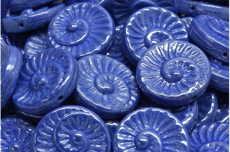 Fossil Shell Beads, Opaque Blue Hematite (33050-14400), Glass, Czech Republic