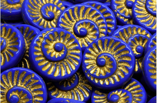 化石贝壳珠，不透明蓝金色衬里 (33050-54302)，玻璃，捷克共和国
