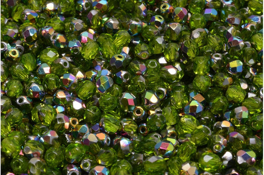 ファセット加工ビーズ ラウンド型 透明グリーンクリスタル Vitrail ミディアムコーティング (50410-28101) ボヘミアクリスタルガラス チェコ共和国