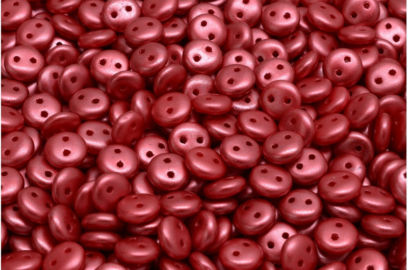 2穴レンズ豆ビーズ、ホワイトダークコーラル（02010-25010）、ガラス、チェコ共和国