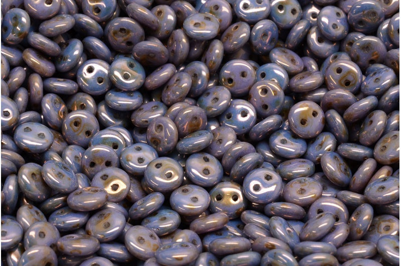 2穴レンズ豆ビーズ、ホワイトステイン、光沢バイオレット（02010-65426）、ガラス、チェコ共和国