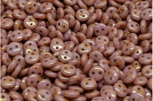 2穴レンズ豆ビーズ、ホワイトステイン、ラスターレッド（02010-65491）、ガラス、チェコ共和国