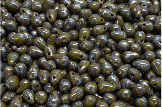 Drop Beads, Green Picasso (53420-43400), Glass, Czech Republic