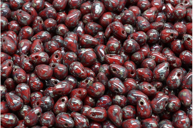 ドロップビーズ、レッドピカソ（93180-43400）、ガラス、チェコ共和国